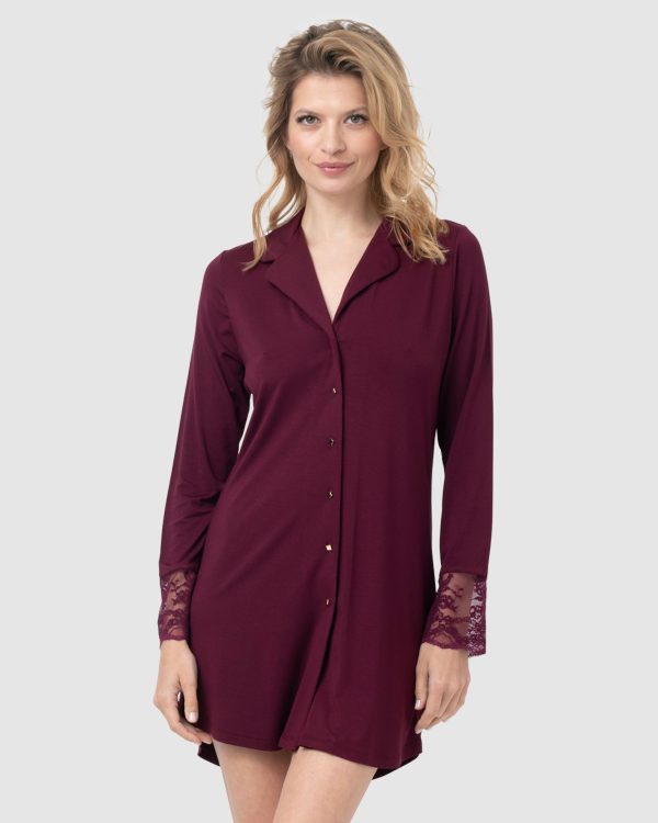 Oh!Zuza Viscose Long sleeve Sleepshirt with Lace detail in Red Wine - Image 2