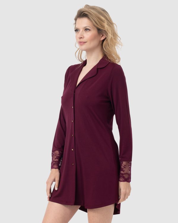 Oh!Zuza Viscose Long sleeve Sleepshirt with Lace detail in Red Wine - Image 3