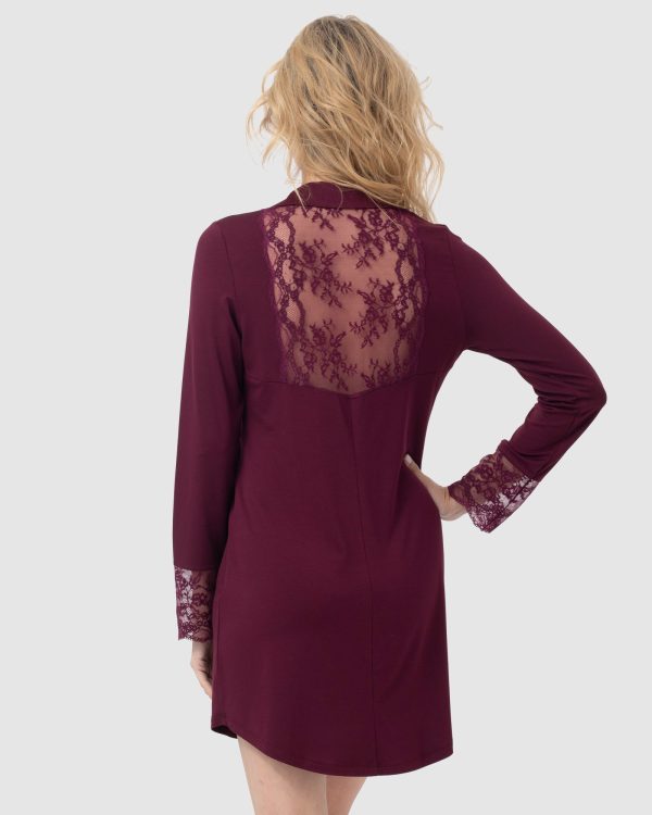 Oh!Zuza Viscose Long sleeve Sleepshirt with Lace detail in Red Wine - Image 4