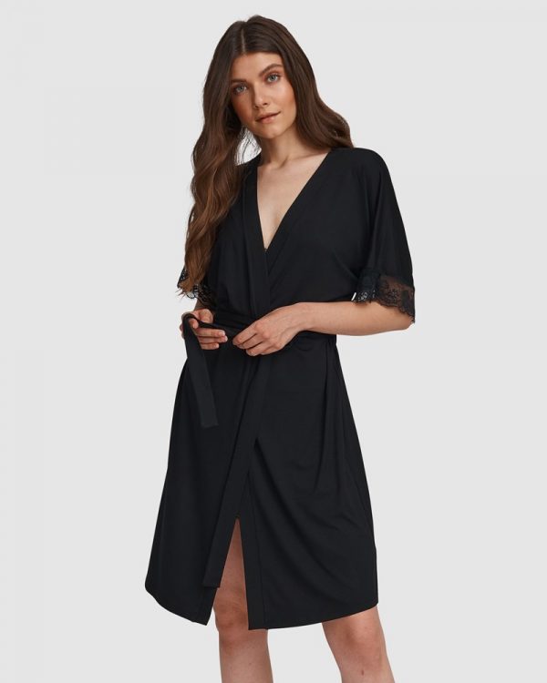 Oh!Zuza Viscose Robe with Lace trim Black