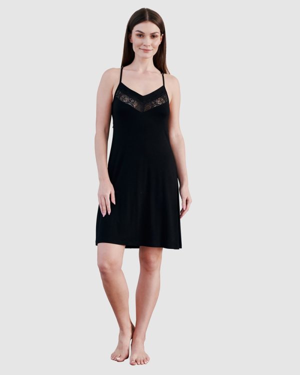 Oh!Zuza Viscose & Lace Short Chemise Nightie with Lace back detail- black