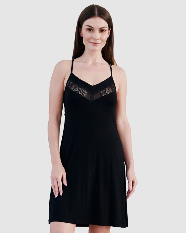 Oh!Zuza Viscose & Lace Short Chemise Nightie with Lace back detail- black - Image 3