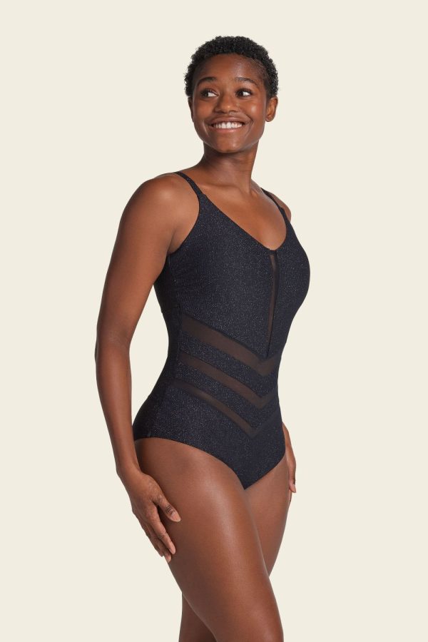 LEONISA Glittery Backless Tummy Shaping One-Piece Swimsuit or Bodysuit with Mesh