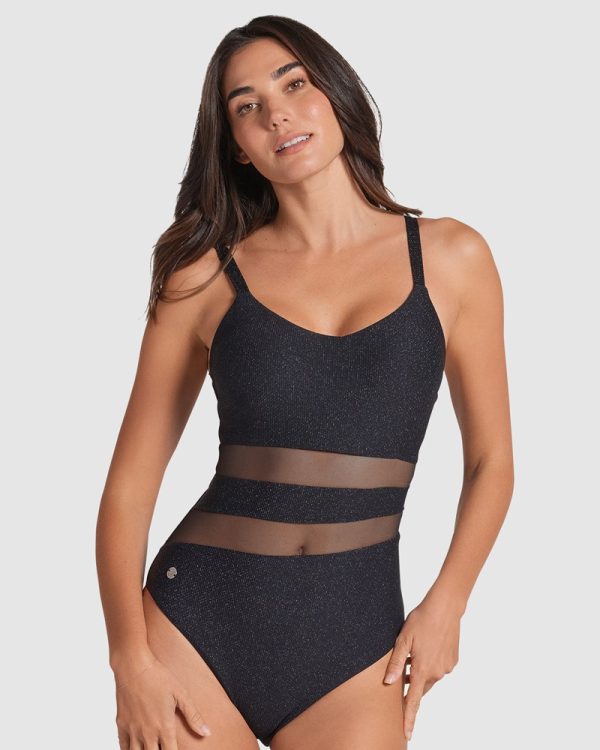 LEONISA Glittery Tummy Shaping One-Piece Swimsuit with Mesh Stripes