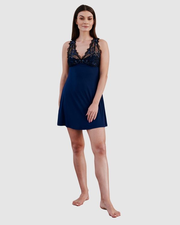 Oh!Zuza Short Viscose & Lace Nightie with Bust Support -Marine Blue