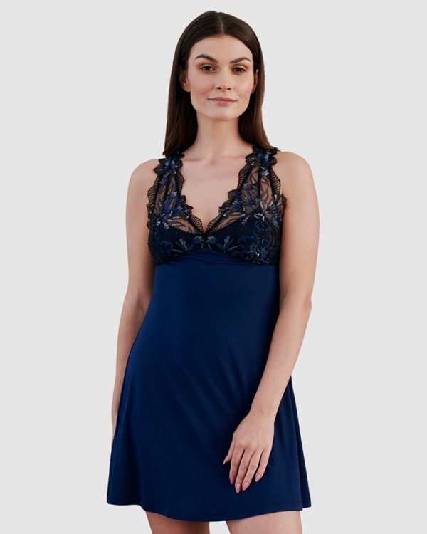 Oh!Zuza Short Viscose & Lace Nightie with Bust Support -Marine Blue - Image 2