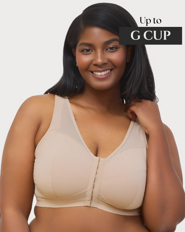 LEADING LADY The Harper Plus Size Back Smoothing Wirefree Front Close Bra Black & Sand bands12-34 A-G cups