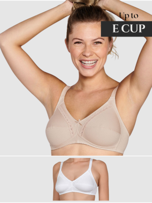 NATURANA Wirefree Ribbed Pure Cotton Bra bands 12-22 A to E cups in White & Beige