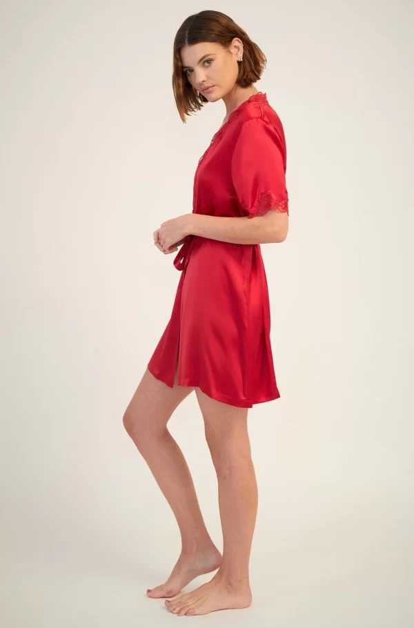 Ginia Pure Silk Short Sleeve Robe with lace trim in Ruby M-3XL - Image 3