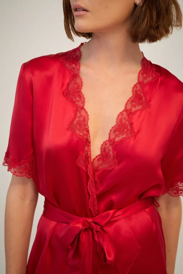 Ginia Pure Silk Short Sleeve Robe with lace trim in Ruby M-3XL - Image 5