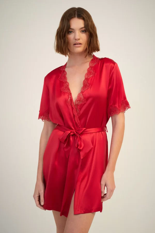 Ginia Pure Silk Short Sleeve Robe with lace trim in Ruby M-3XL