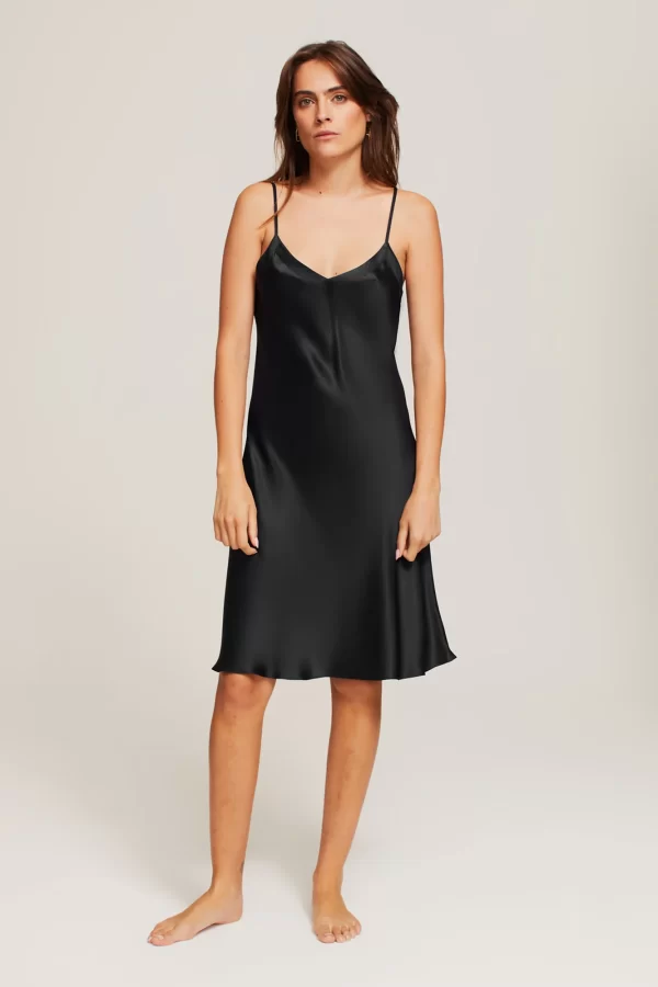 Ginia Pure Silk Midi Slip in Black XS-3XL