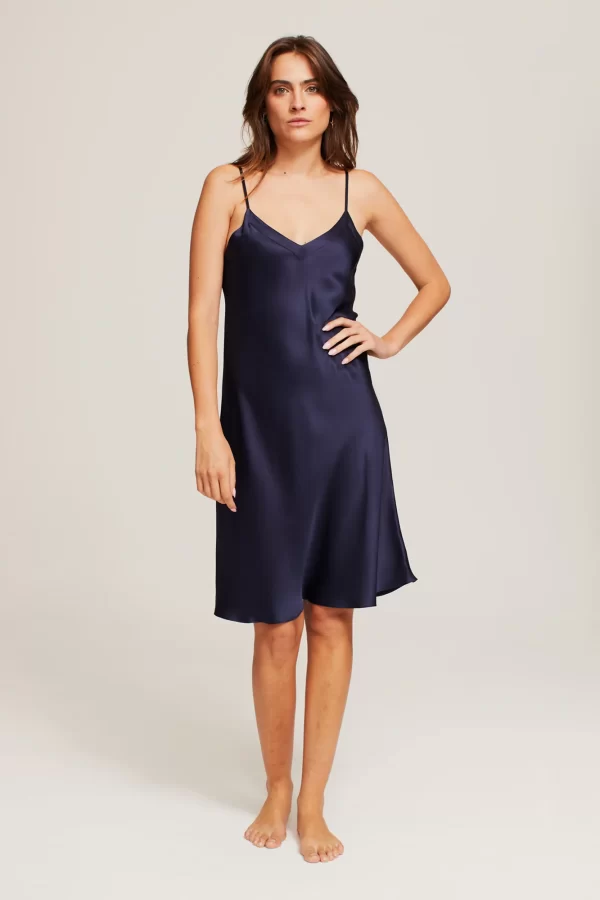 Ginia Pure Silk Midi Slip in Midnight Blue XS-3XL