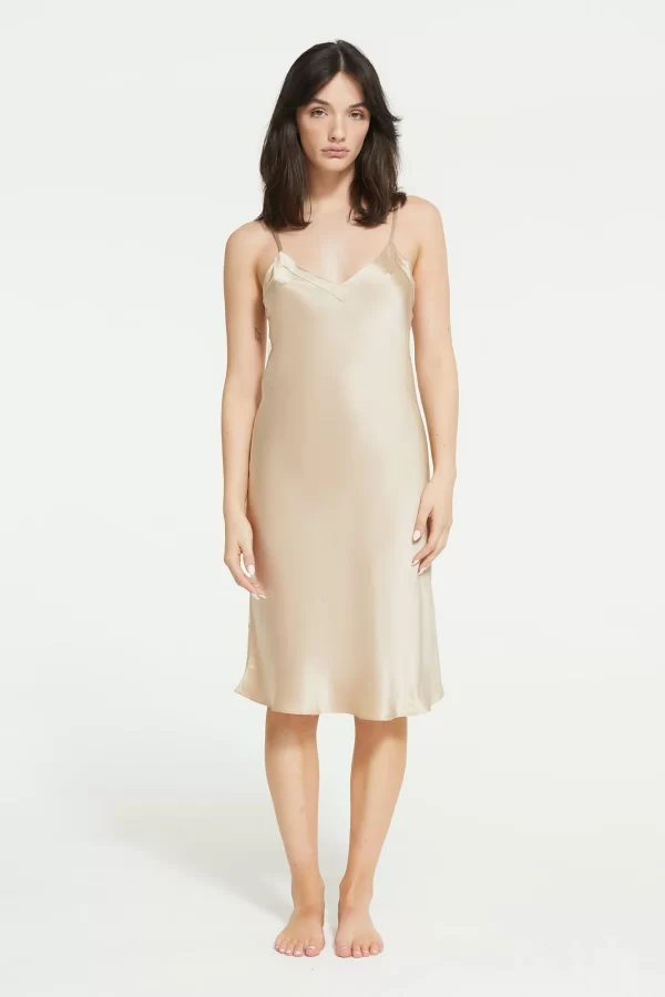 Ginia Pure Silk Midi Slip in Mink XS-3XL