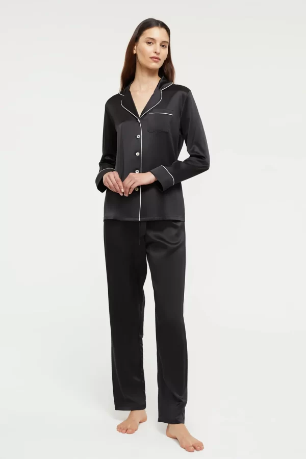 GINIA Pure Silk Fine Finishes Pyjama XS-3XL - Black/Creme piping