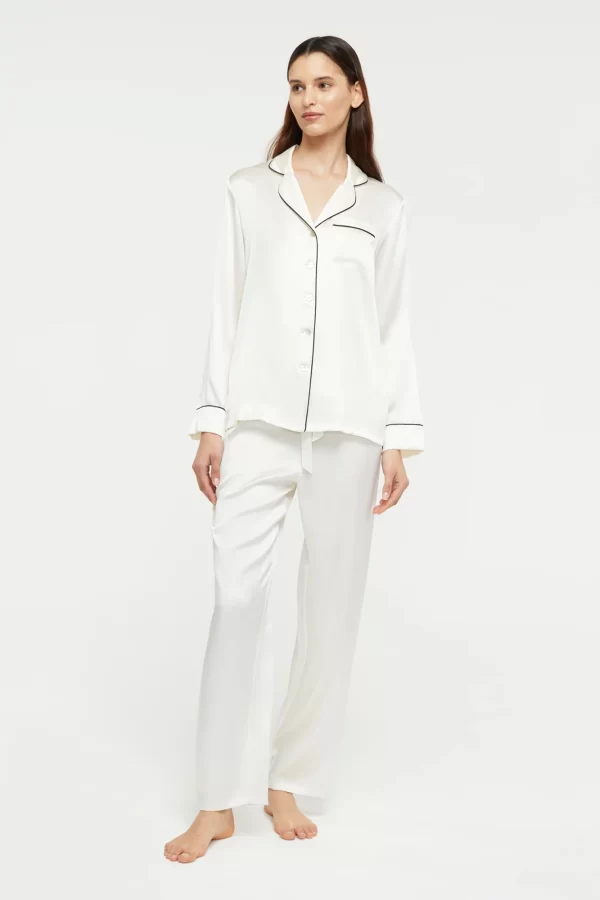 GINIA Pure Silk Fine Finishes Pyjama XS-3XL - Creme/Black piping - Image 5