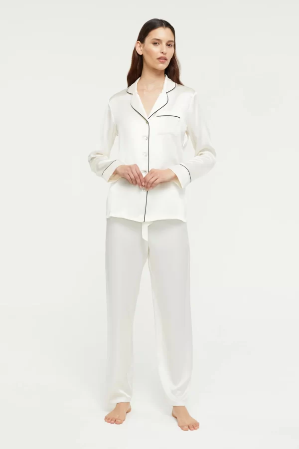 GINIA Pure Silk Fine Finishes Pyjama XS-3XL - Creme/Black piping