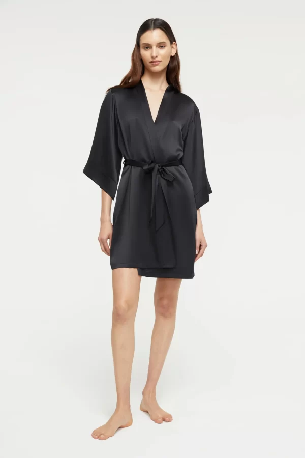 Ginia Pure Silk 3/4 sleeve Kimono Robe Black XS-2XL