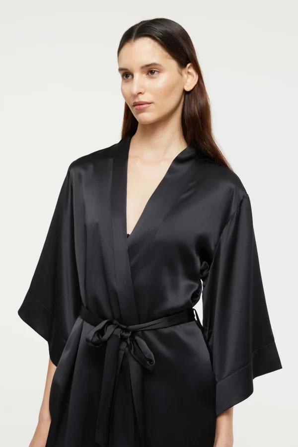 Ginia Pure Silk 3/4 sleeve Kimono Robe Black XS-2XL - Image 5