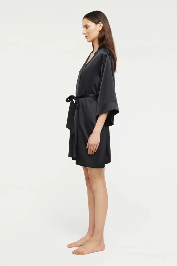 Ginia Pure Silk 3/4 sleeve Kimono Robe Black XS-2XL - Image 3