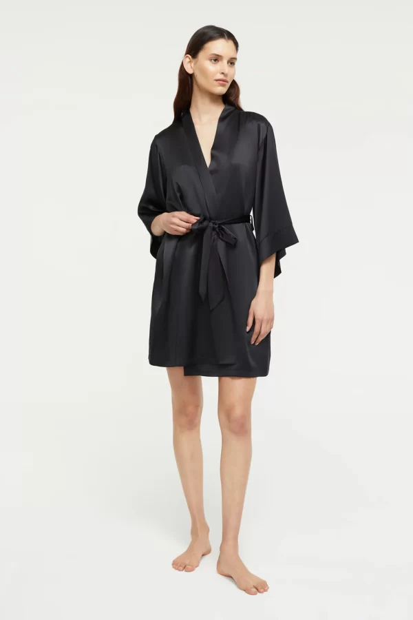 Ginia Pure Silk 3/4 sleeve Kimono Robe Black XS-2XL - Image 2