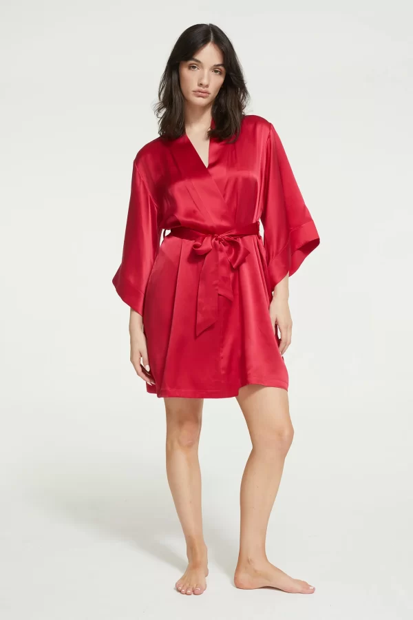 Ginia Pure Silk 3/4 sleeve Kimono Robe Ruby S-2XL