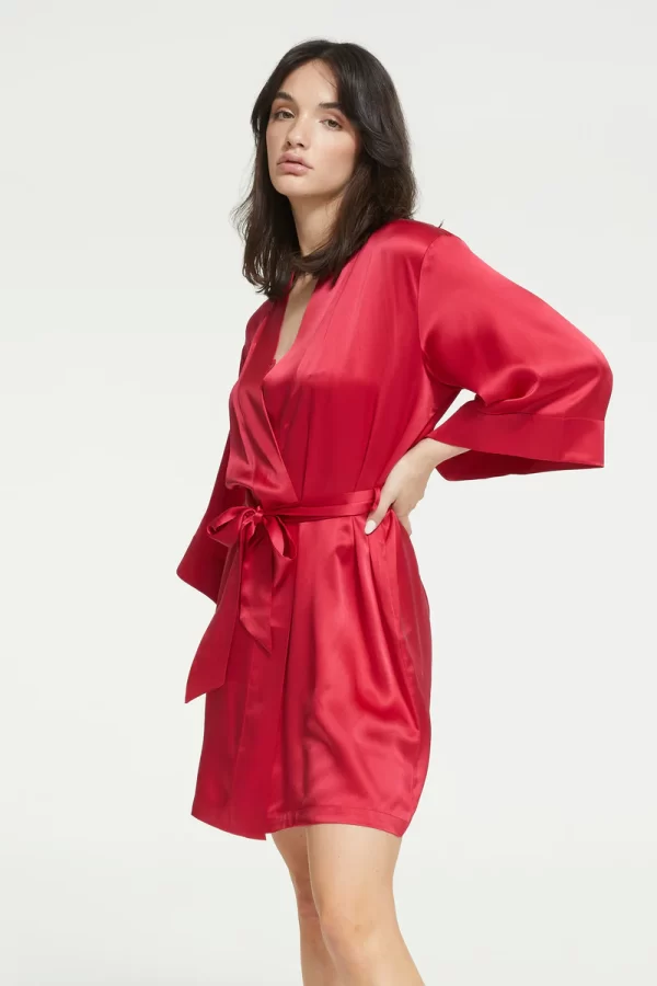 Ginia Pure Silk 3/4 sleeve Kimono Robe Ruby S-2XL - Image 3