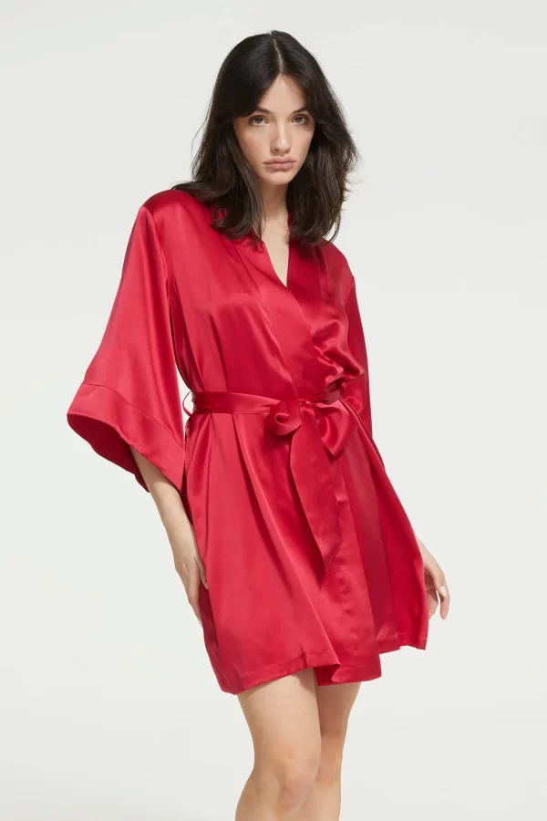 Ginia Pure Silk 3/4 sleeve Kimono Robe Ruby S-2XL - Image 2