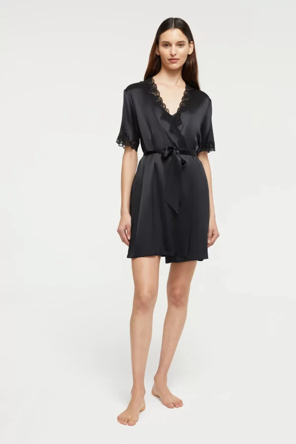 Ginia Pure Silk Short Sleeve Robe with lace trim in Black XS - XL - Image 3