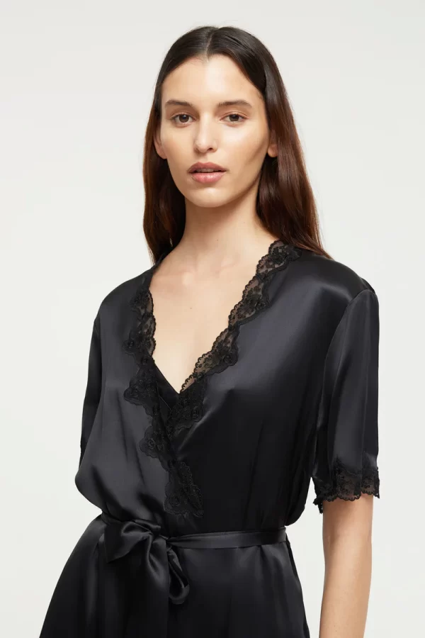 Ginia Pure Silk Short Sleeve Robe with lace trim in Black XS - XL - Image 5