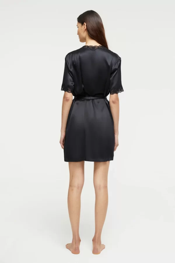 Ginia Pure Silk Short Sleeve Robe with lace trim in Black XS - XL - Image 2