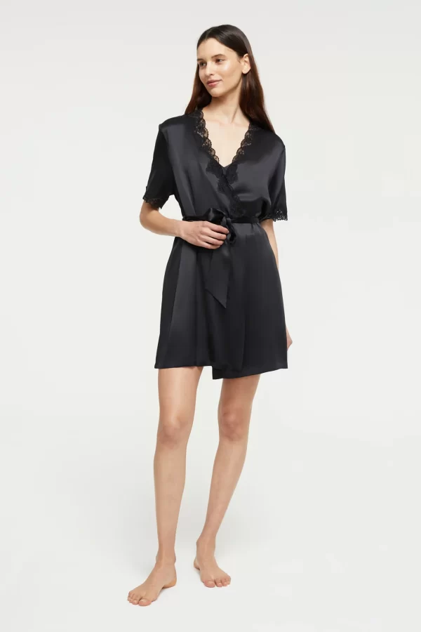 Ginia Pure Silk Short Sleeve Robe with lace trim in Black XS - XL