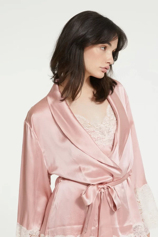 Ginia Pure Silk Robe with lace trim in Bridal Rose XS-3XL - Image 5