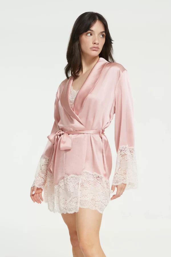 Ginia Pure Silk Robe with lace trim in Bridal Rose XS-3XL - Image 3