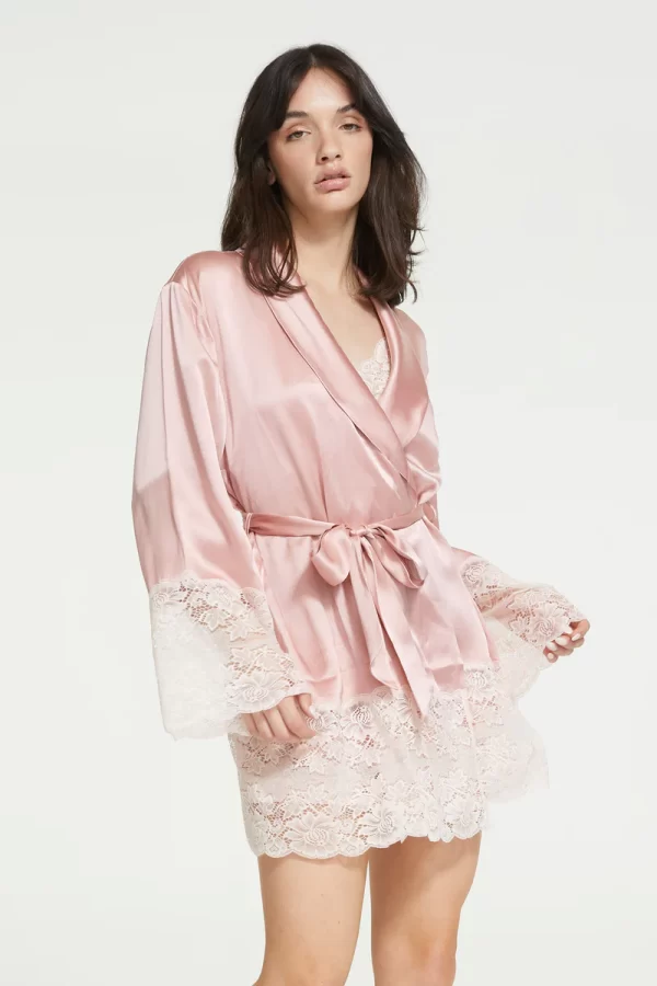 Ginia Pure Silk Robe with lace trim in Bridal Rose XS-3XL