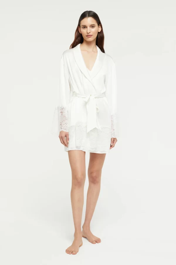 Ginia Pure Silk Robe with lace trim in Creme XS-3XL - Image 2