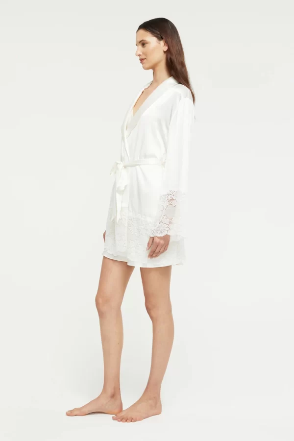 Ginia Pure Silk Robe with lace trim in Creme XS-3XL - Image 3