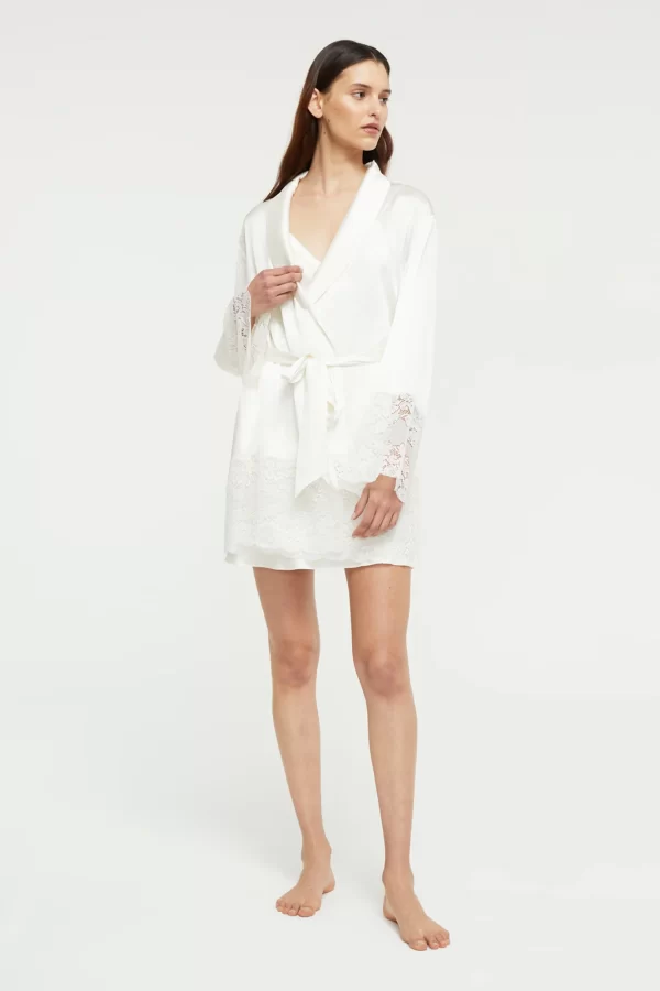 Ginia Pure Silk Robe with lace trim in Creme XS-3XL