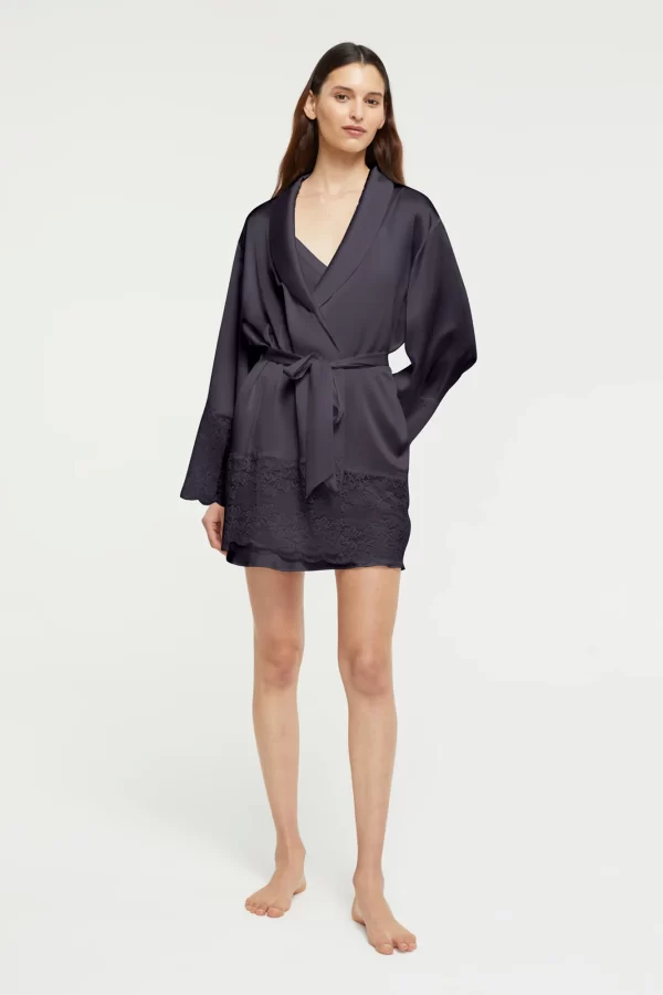 Ginia Pure Silk Robe with lace trim in India Ink XS-3XL - Image 2