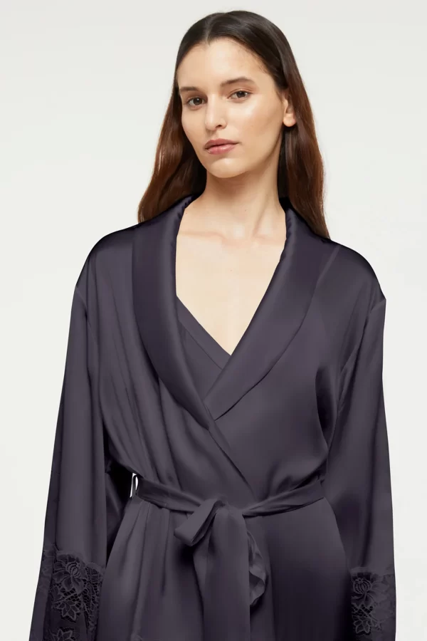 Ginia Pure Silk Robe with lace trim in India Ink XS-3XL - Image 5