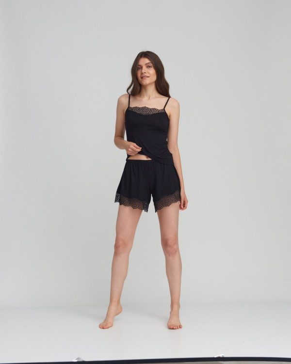 Oh!Zuza Viscose lace trim Cami & boxer PJ set Black - Image 4