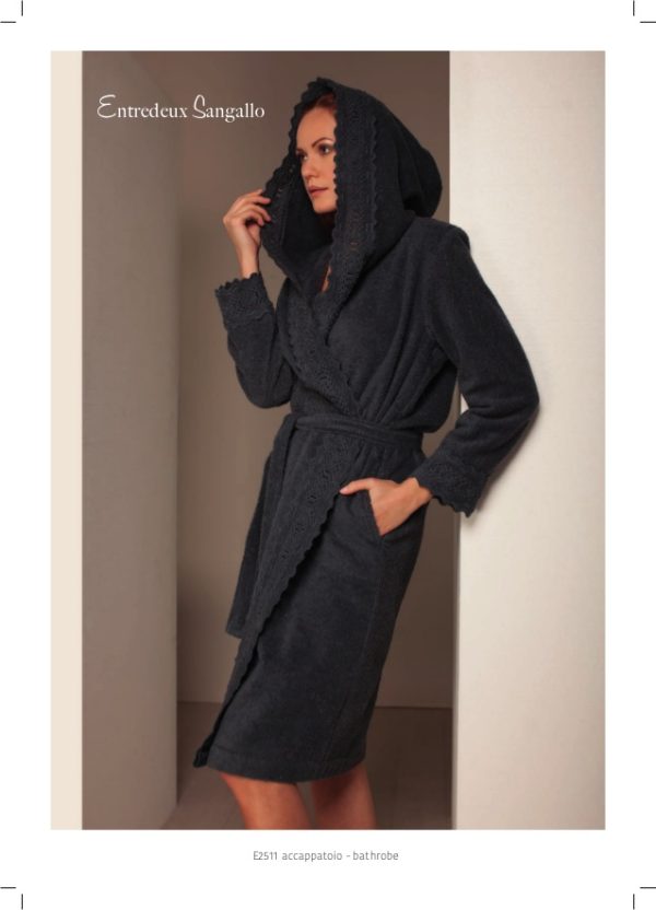 LUNA DI GIORNO Long Sleeve Charcoal towelling robe with hood and Crochet Cotton lace trim (1 LEFT) 50% OFF + FREE toiletry bag