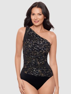 Miraclesuit Sparkle Plenty Jena One Shoulder Tummy Control Swimsuit Black multi