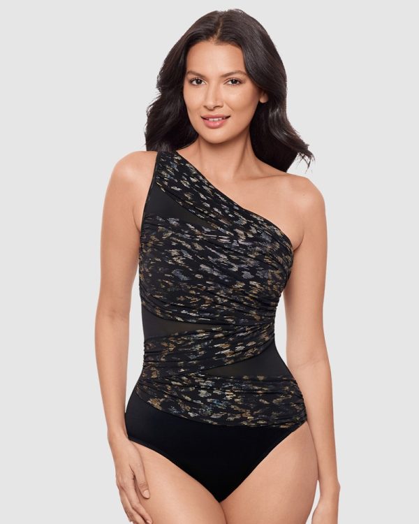 Miraclesuit Sparkle Plenty Jena One Shoulder Tummy Control Swimsuit Black multi