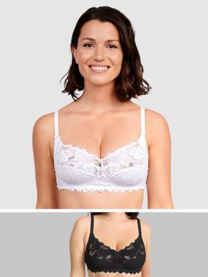 Sans Complexe Arum Organic Cotton Wirefree Lace Bra sizes 10-20 in B-DD cups in Black & White