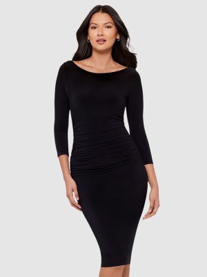 BODY BY MIRACLESUIT Rory 3/4 Sleeve Boat Neckline Bodycon Shaping Dress in Black