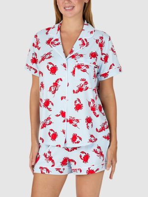 Kate Spade Printed Jersey Button Up Short Sleeve Short Pyjama Set in Crabs & Lobster Toss print