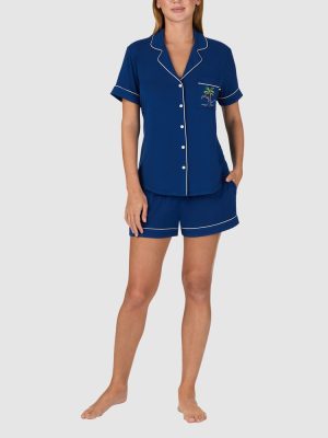 Kate Spade Modal Button Up Short Sleeve Short Pyjama Set with Embroidery in Estate Blue
