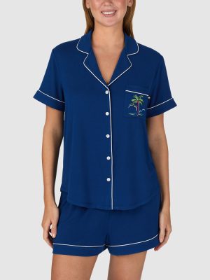 Kate Spade Modal Button Up Short Sleeve Short Pyjama Set with Embroidery in Estate Blue