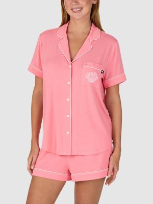 Kate Spade Modal Button Up Short Sleeve Short Pyjama Set with Embroidery in Salmon Pink